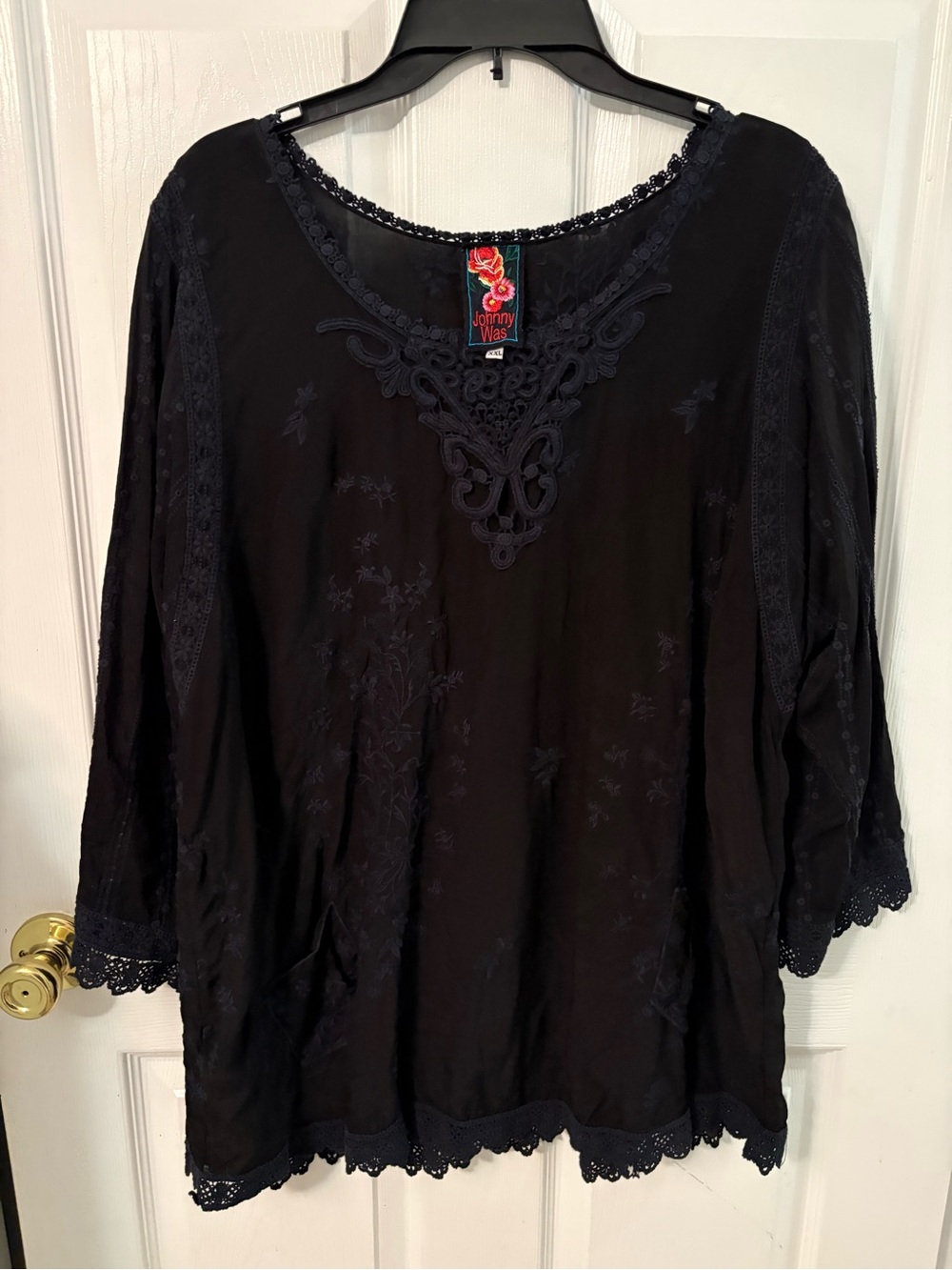 Johnny Was Black Embroidered Lace-Trim Tunic
